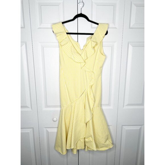 Jonathan Simkhai Yellow White Gingham Ruffle V-Neck Dress Women's Size 12
